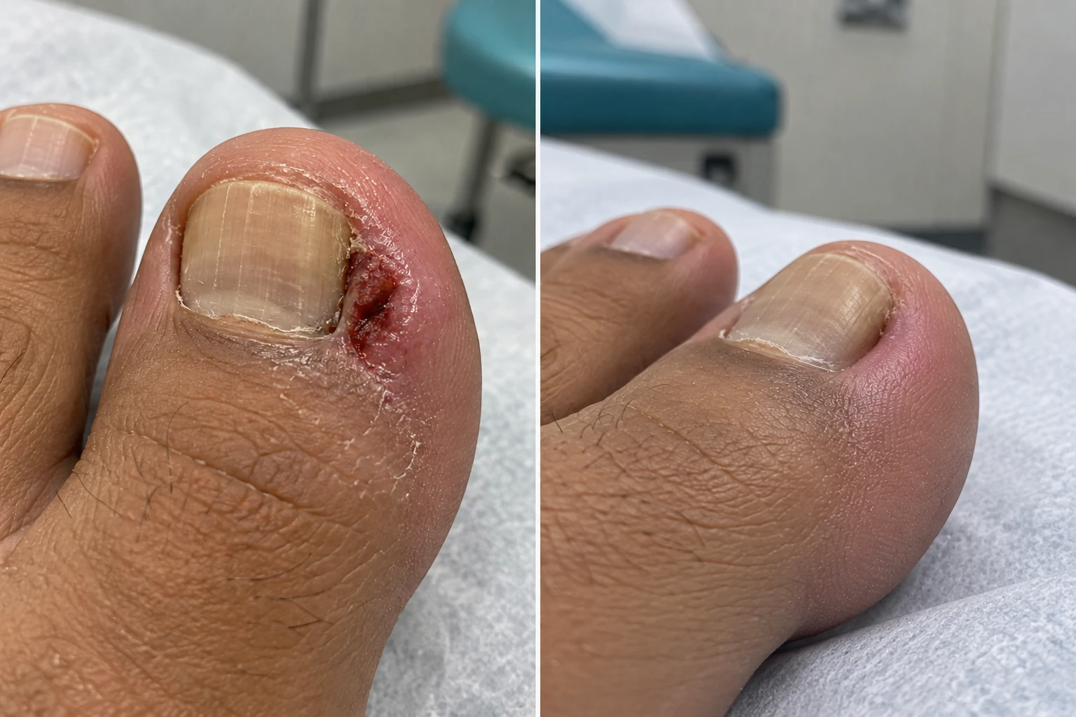 Simulação com IA: o mesmo dedão em ângulos diferentes, com inchaço e inflamação evidente na lateral da unha à esquerda e pele de aspecto cicatrizado à direita; não é resultado real da clínica.